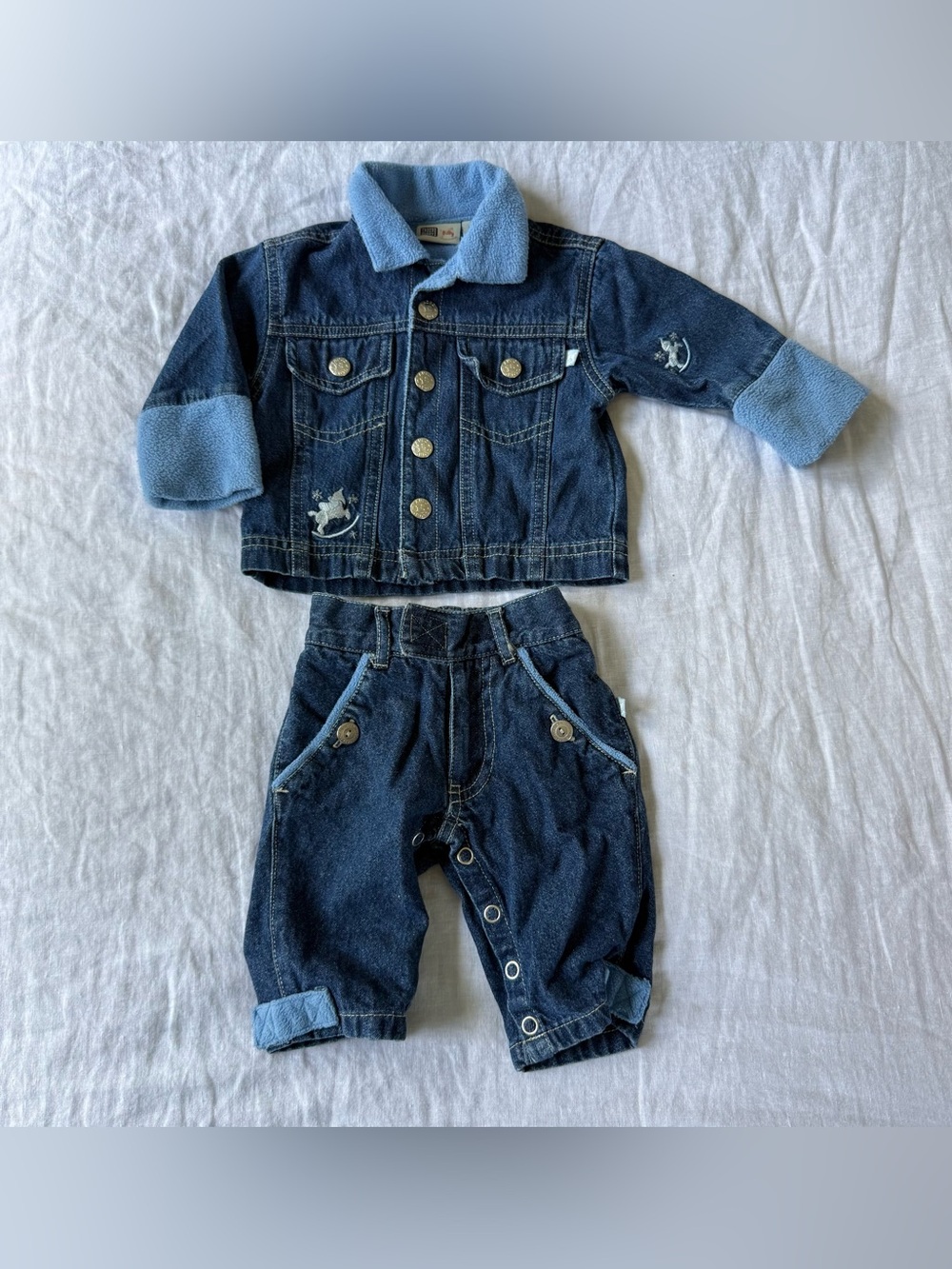 Vintage Y2K Faded Glory Baby Denim 2 Piece Set 0-3M Jacket Pants Rocking Horse